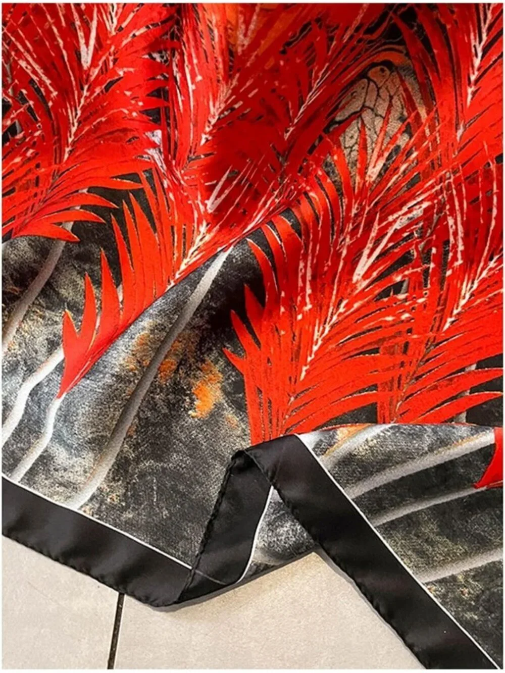 Women's Red Black Light Silk Like Scarves Flower Print Head Cotton Wrap Scarf